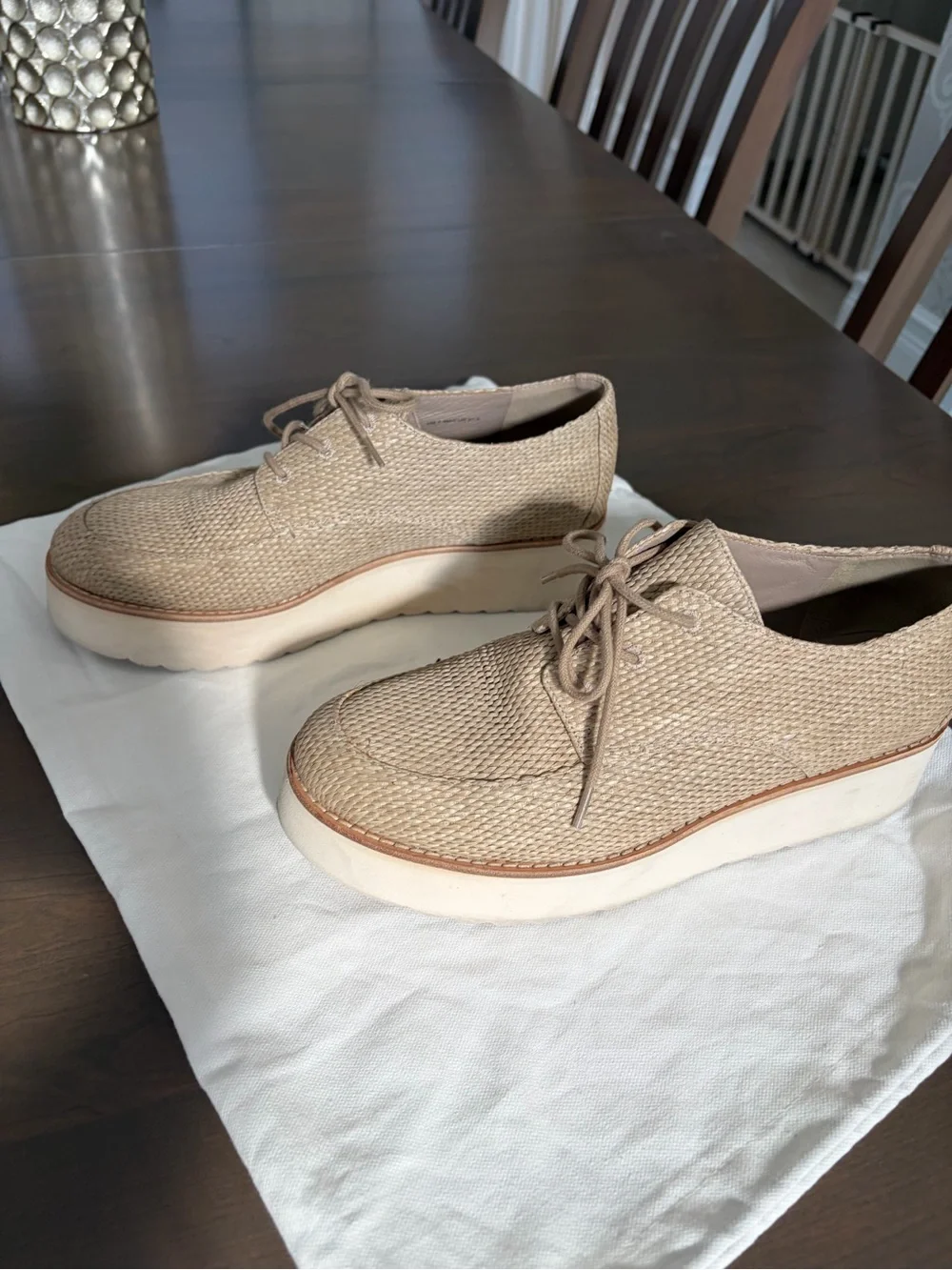 Vince Natural Beige Woven Espadrille Lace-Up Platforms